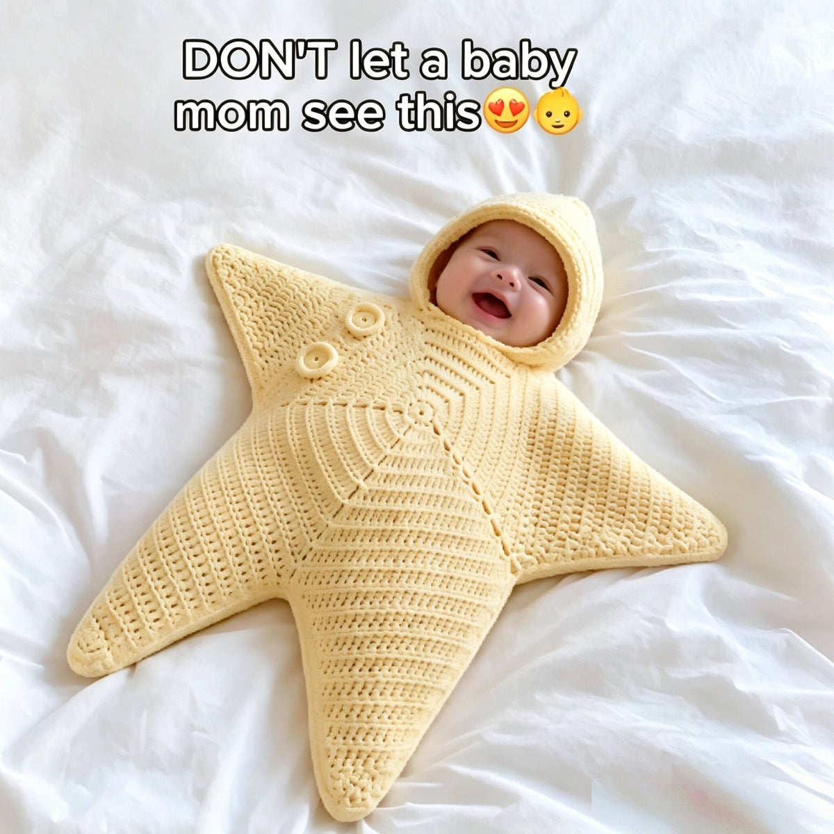 Crocheted starfish baby romper with a hood