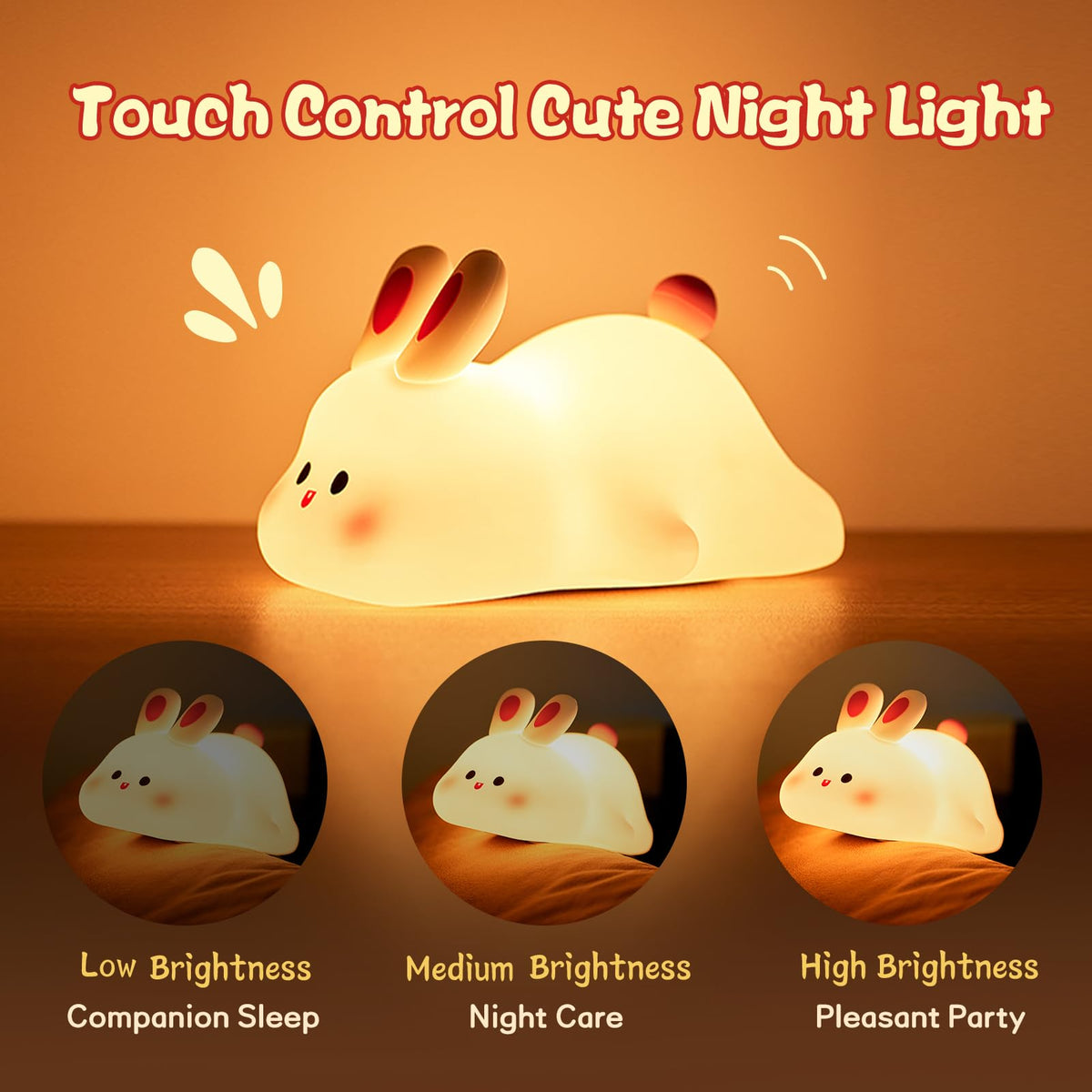 Silicone rabbit LED night light glowing on a bedside table