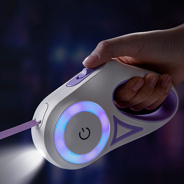Retractable dog leash with a built-in LED spotlight